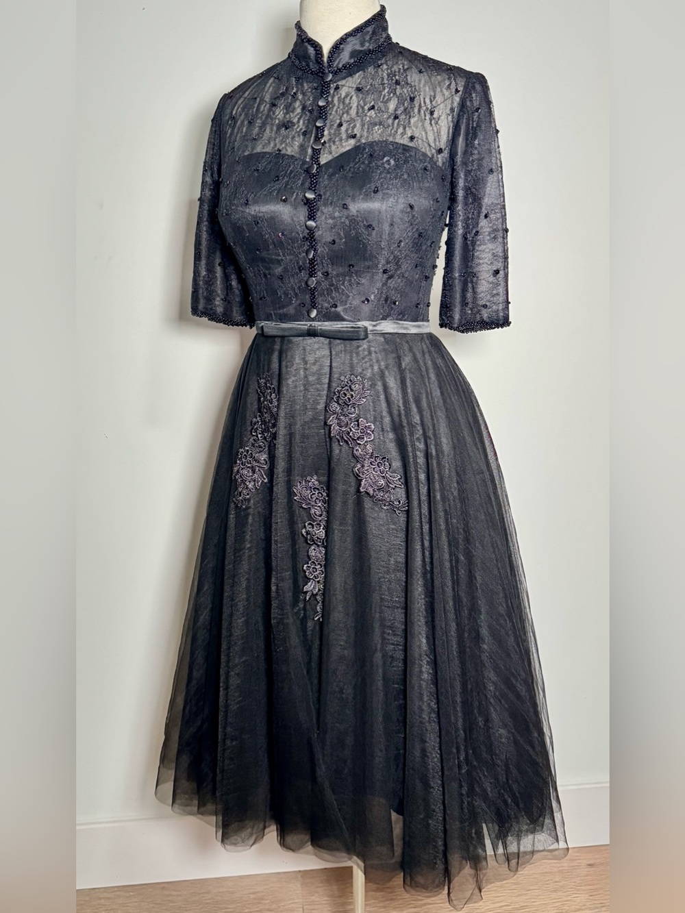Stunning Black Beaded Lace High Collar Formal Tulle Dress Elegant Classic